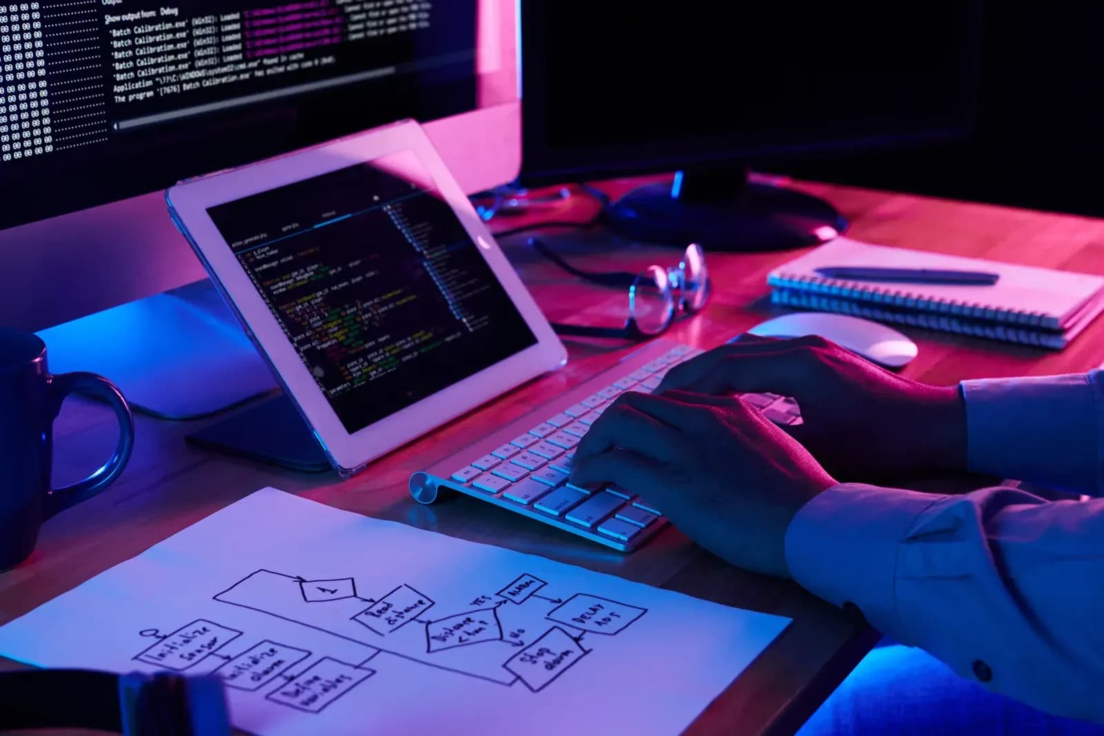 Een uitgetekende workflow naast softwarecode en een toetsenbord